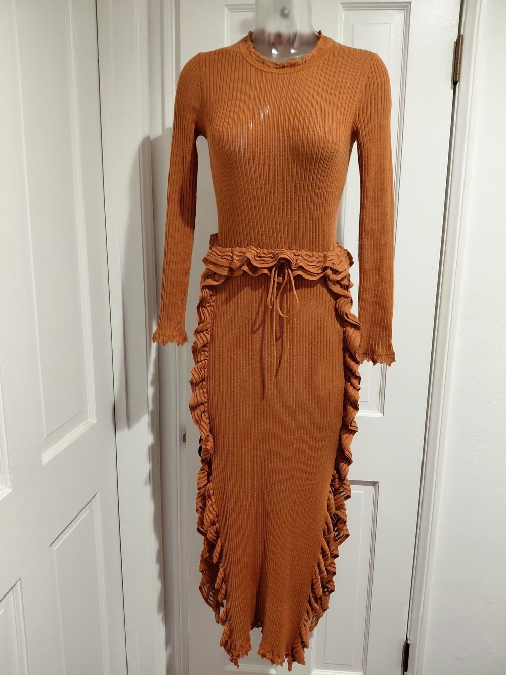Ulla Johnson Rust Ribbed Long-Sleeve Ruffle-Trim Maxi Dress